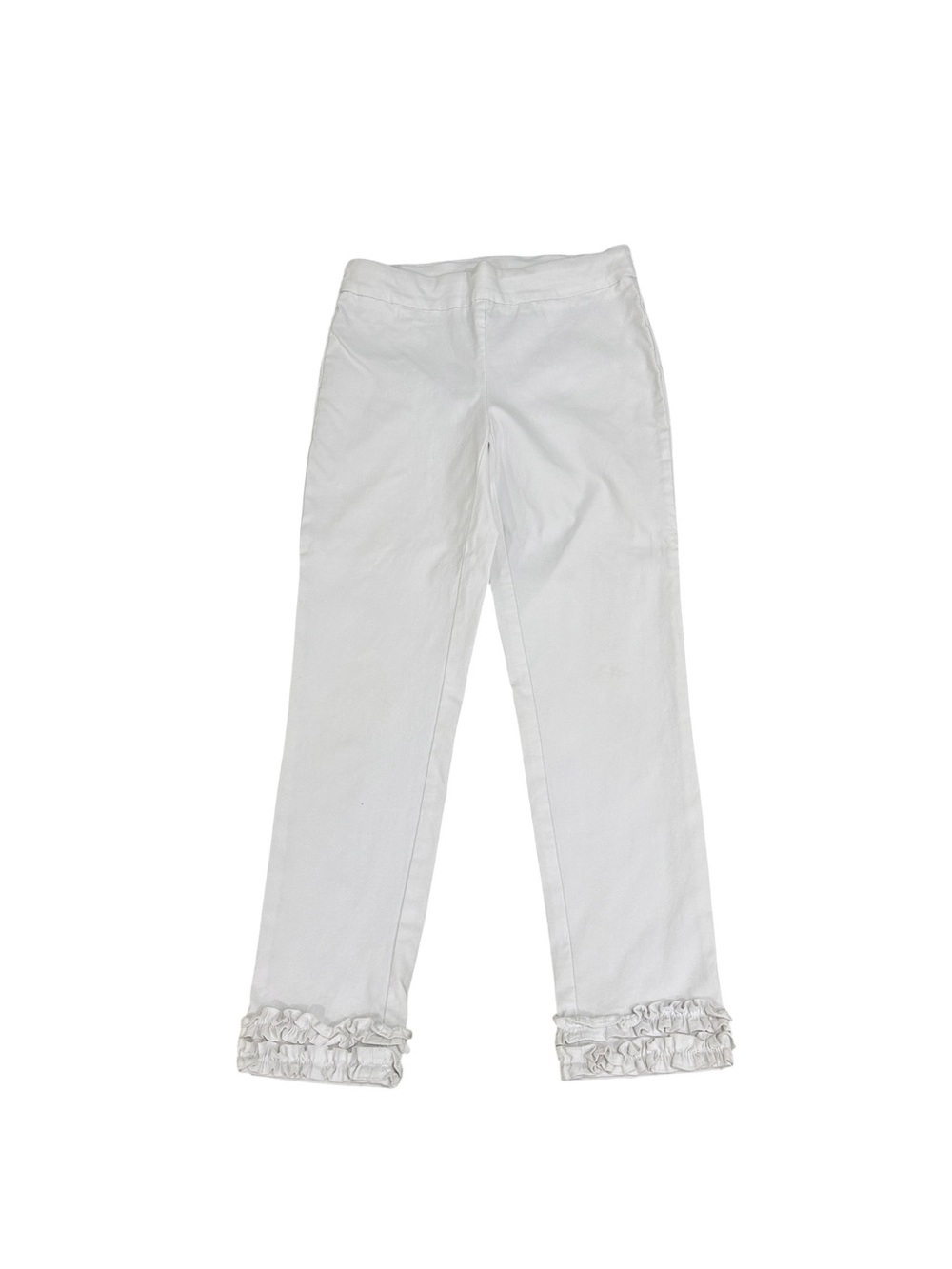 CHARLIE B White pull on cropped flat front pant ruffle hems size 4